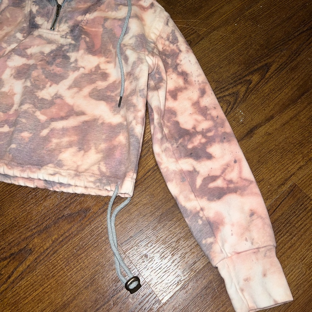 Gray Pink Colorful Acid Wash Quarter Zip Crop Long Sleeve Boho Pullover Size M - Picture 10 of 13